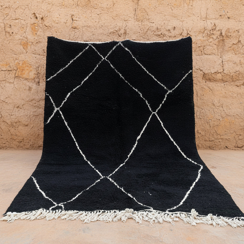 Original Beni Ourain Teppich in schwarz mit weißen Musterlinien