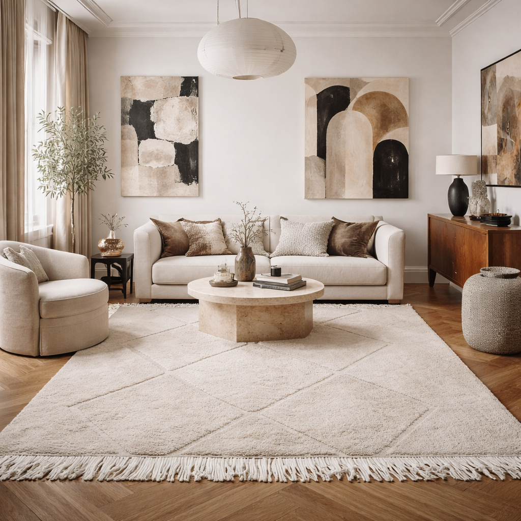 KI generiertes Wohnbeispiel für Berberteppich schlicht weiß aus marokko