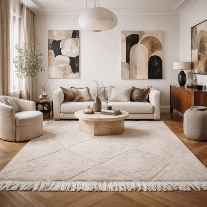 KI generiertes Wohnbeispiel für Berberteppich schlicht weiß aus marokko