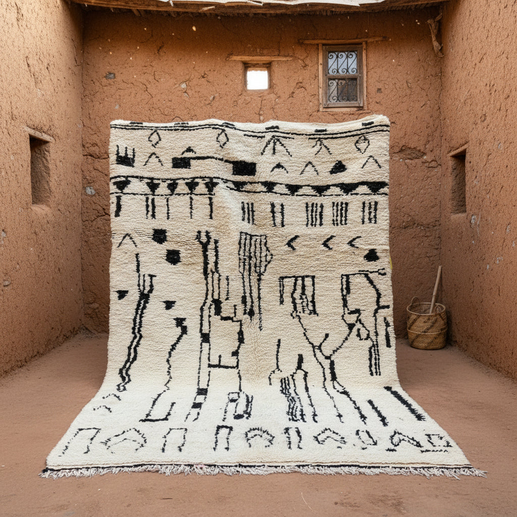 Abstrakter Azilal Tepich schwarz weiss/naturfarbene Wolle